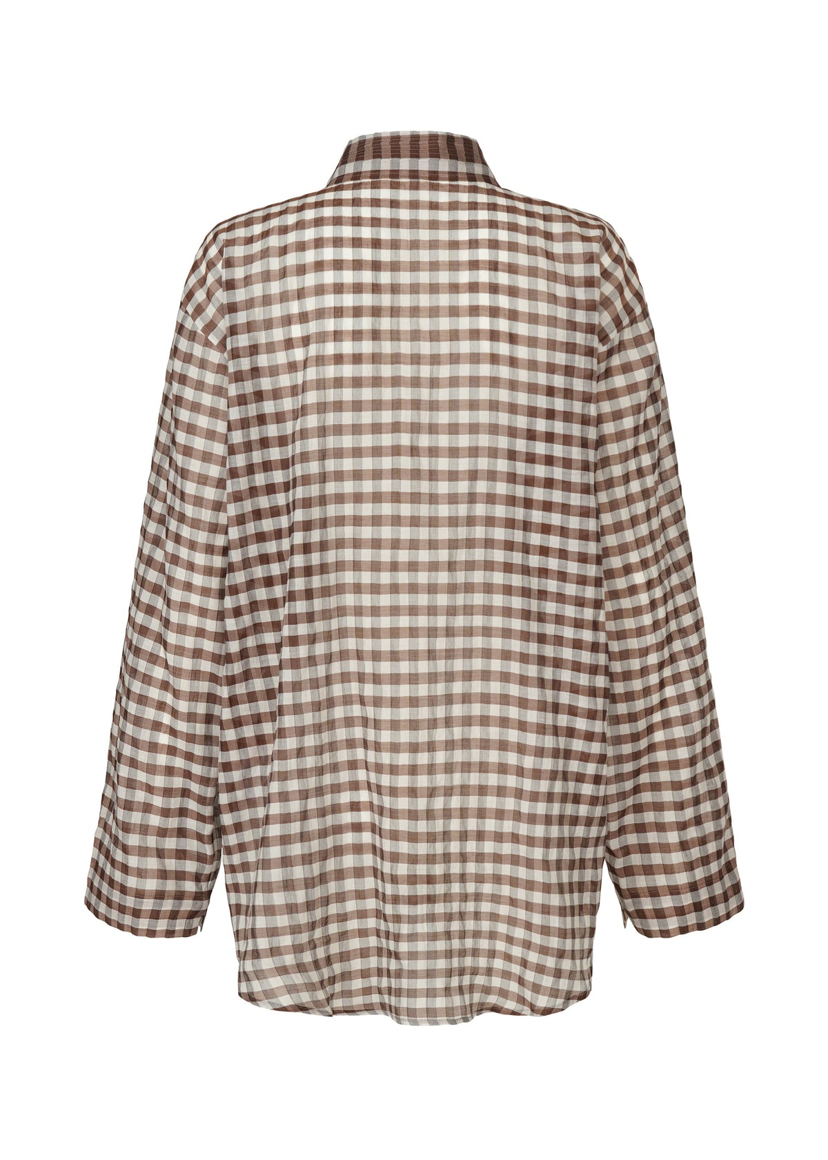 Back view of HaaT's 2 SIDE PINTUCKING shirt, a long-sleeve gingham top with a brown and white checkered pattern, collar, and relaxed fit. view 4 of 8