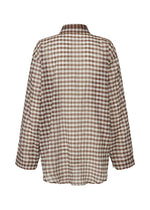 Back view of HaaT's 2 SIDE PINTUCKING shirt, a long-sleeve gingham top with a brown and white checkered pattern, collar, and relaxed fit.