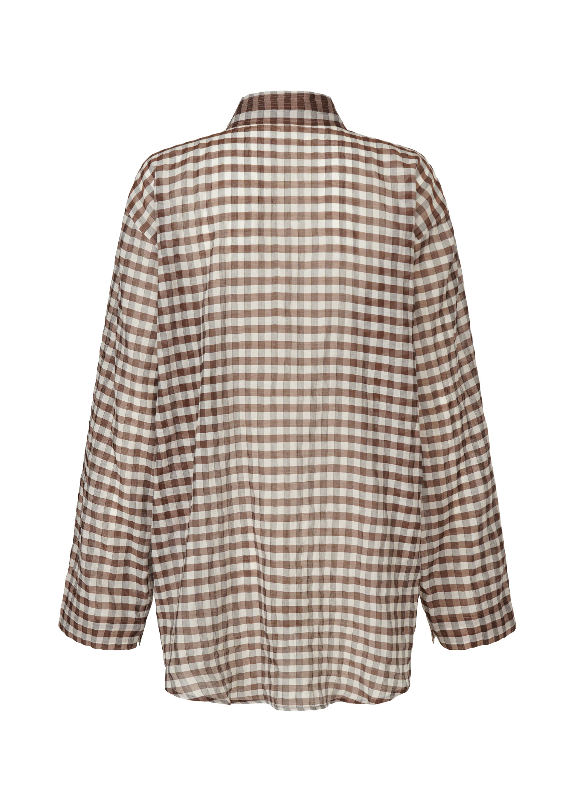 Zoomed view Back view of HaaT's 2 SIDE PINTUCKING shirt, a long-sleeve gingham top with a brown and white checkered pattern, collar, and relaxed fit.