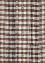 Close-up of the HaaT 2 SIDE PINTUCKING shirt, featuring brown and white gingham checks, vertical pintucks, and four beige center buttons.