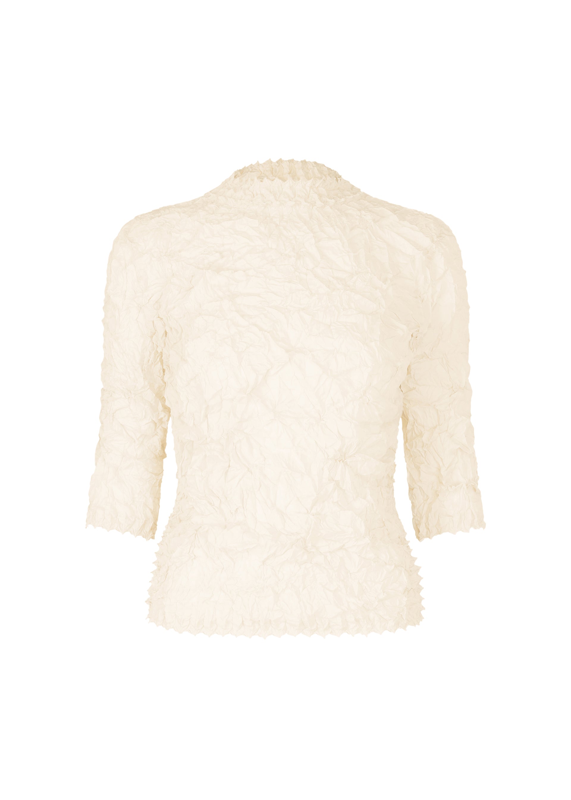 Zoomed view The HaaT KUMO SHIBORI SHIRT features a cream-colored, textured finish with three-quarter sleeves and a fitted silhouette, shown against a white background. - WHITE （no.01）