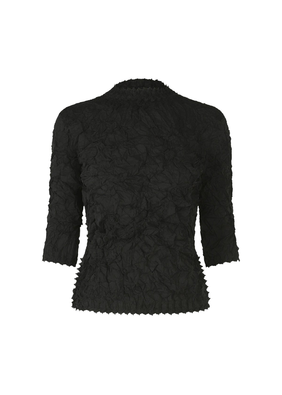 The HaaT KUMO SHIBORI SHIRT is a black long-sleeve top with a high neckline, fitted silhouette, and textured crinkled fabric design. view 2 of 9