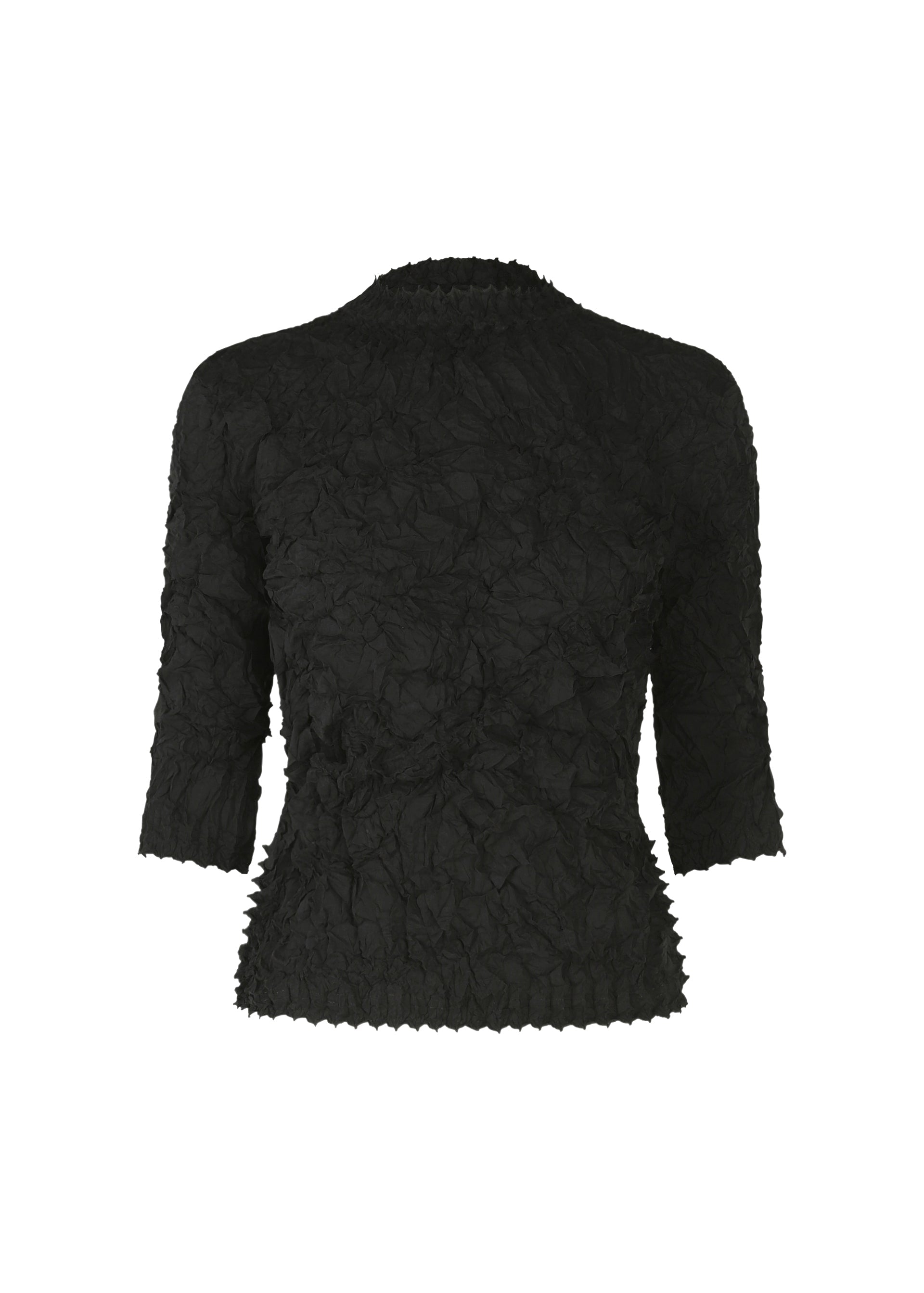 Zoomed view The HaaT KUMO SHIBORI SHIRT is a black long-sleeve top with a high neckline, fitted silhouette, and textured crinkled fabric design. - BLACK （no.15）