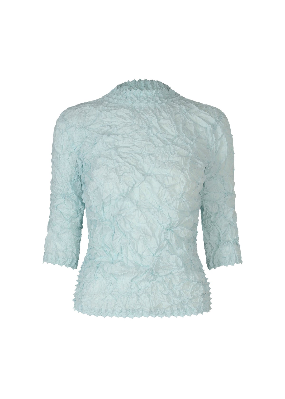 The KUMO SHIBORI SHIRT by HaaT features light blue, textured crinkled fabric, three-quarter sleeves, and a slightly fitted silhouette. Displayed against a plain white background. view 3 of 9