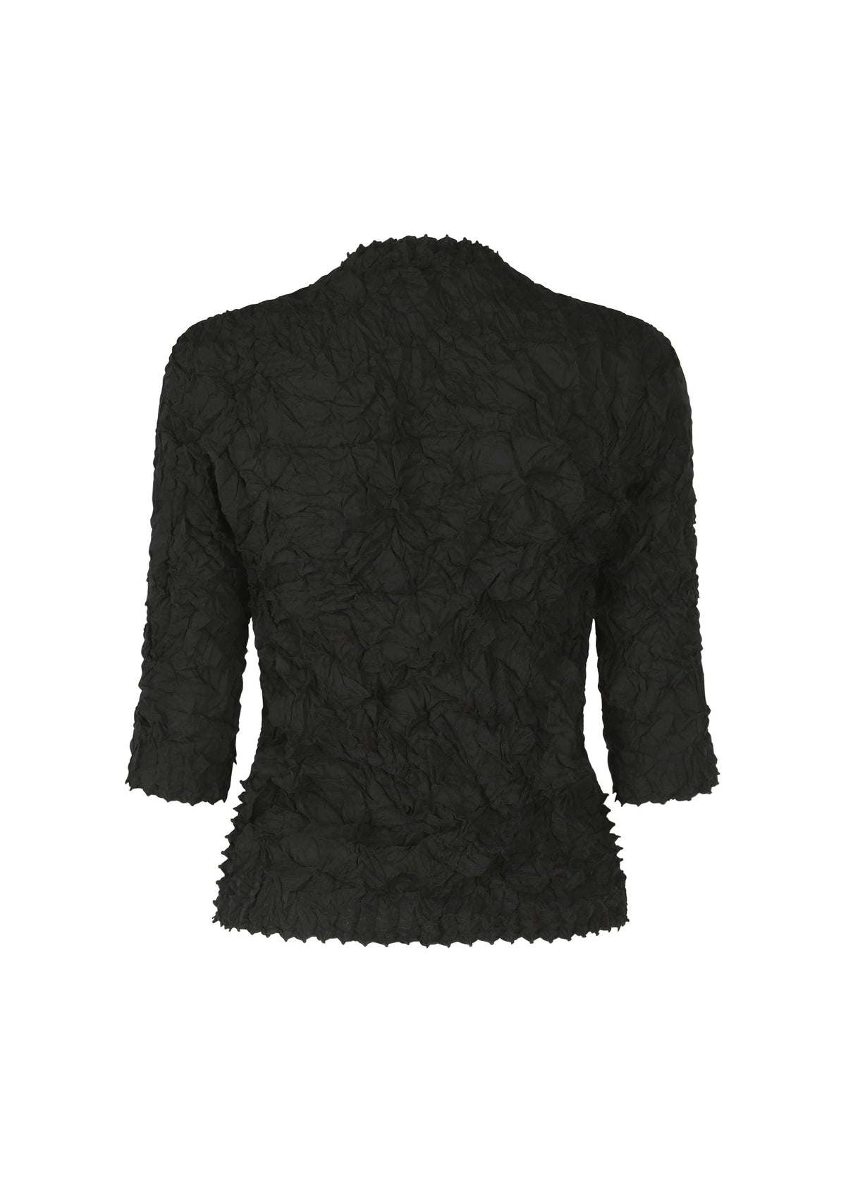 The HaaT KUMO SHIBORI SHIRT is a black, long-sleeve top featuring a textured crinkled pattern, fitted silhouette, and slightly flared cuffs, shown against a plain white background. view 4 of 9