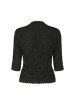 The HaaT KUMO SHIBORI SHIRT is a black, long-sleeve top featuring a textured crinkled pattern, fitted silhouette, and slightly flared cuffs, shown against a plain white background.