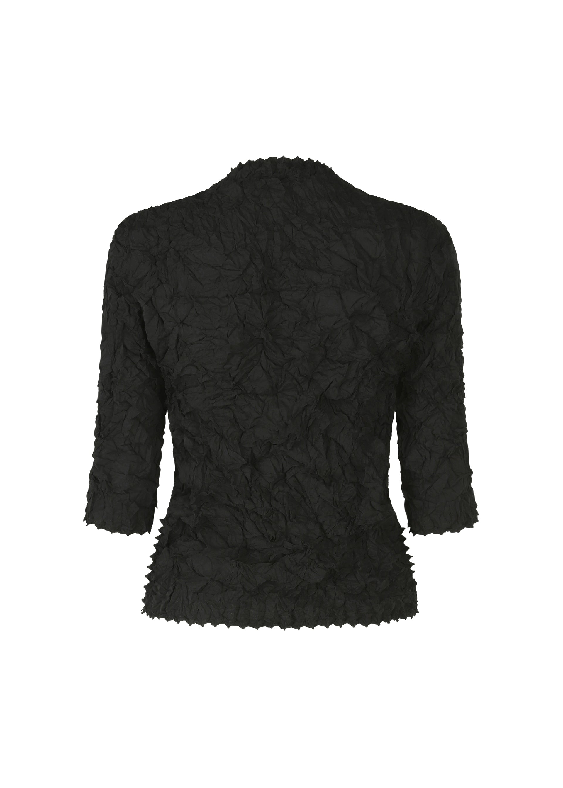 Zoomed view The HaaT KUMO SHIBORI SHIRT is a black, long-sleeve top featuring a textured crinkled pattern, fitted silhouette, and slightly flared cuffs, shown against a plain white background.