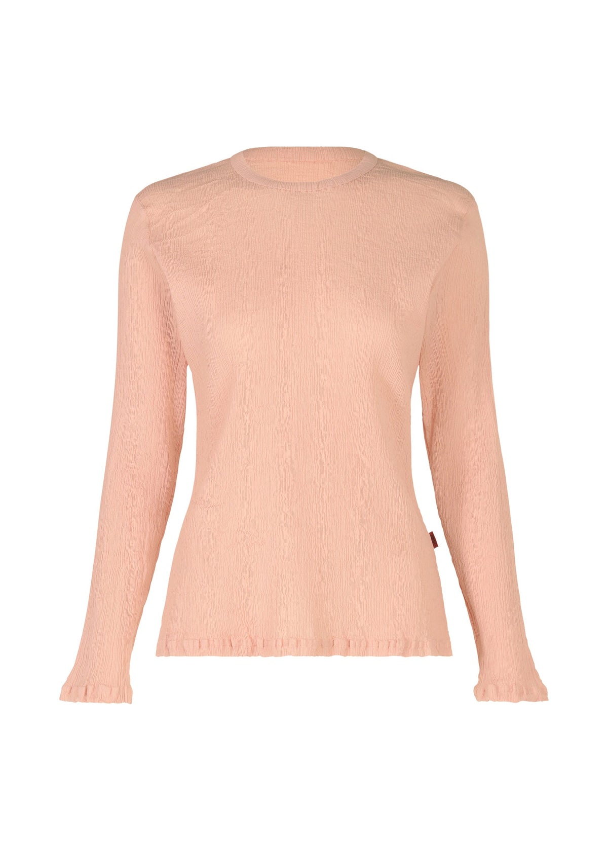 The KYO CHIJIMI FEBRUARY by HaaT is a light pink women's long-sleeve round-neck top in ultra-fine textured cotton, with subtle ruffle details at the cuffs and hem, shown on a white background. view 2 of 9