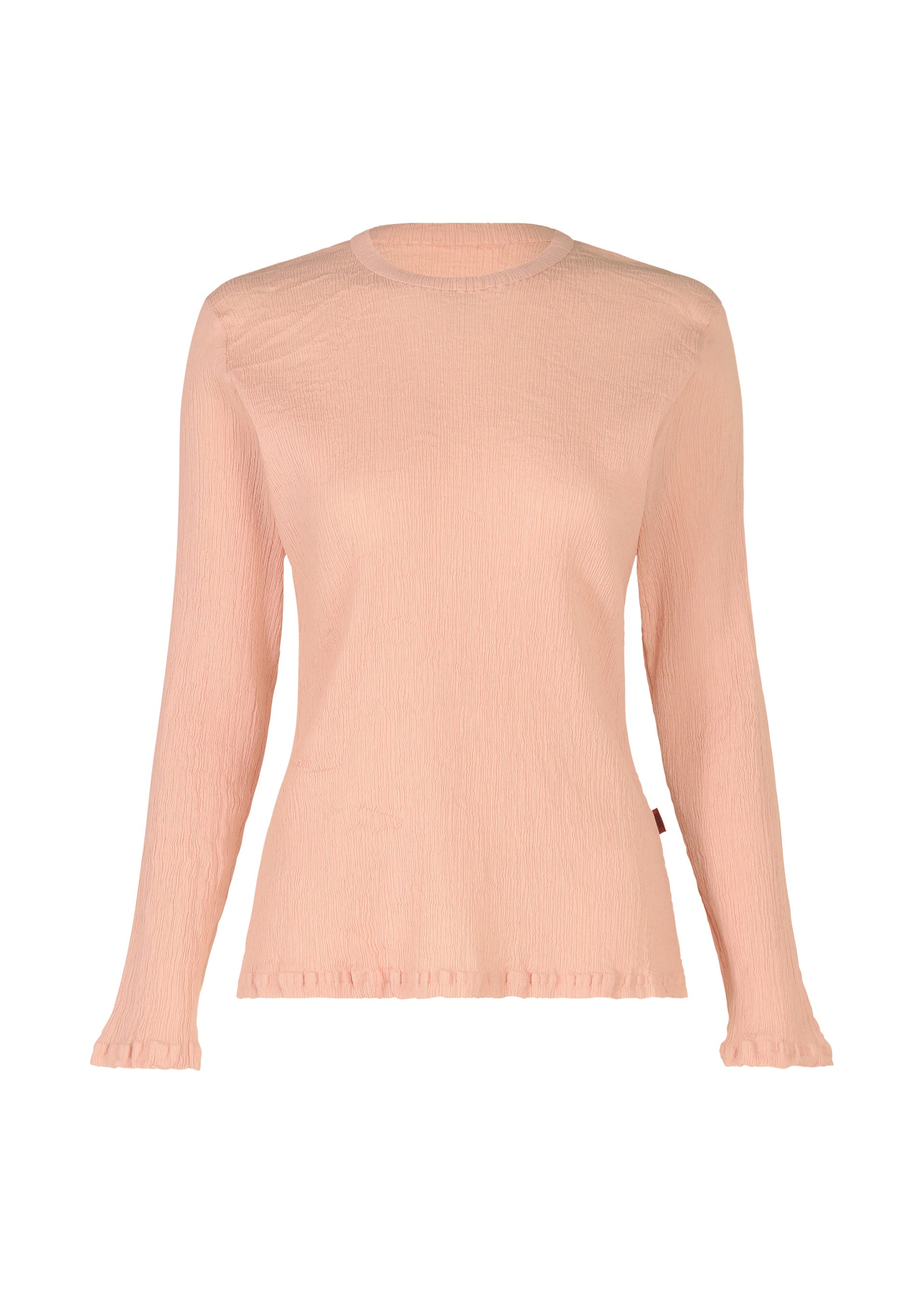 Zoomed view The KYO CHIJIMI FEBRUARY by HaaT is a light pink women's long-sleeve round-neck top in ultra-fine textured cotton, with subtle ruffle details at the cuffs and hem, shown on a white background. - PALE PINK （no.21）