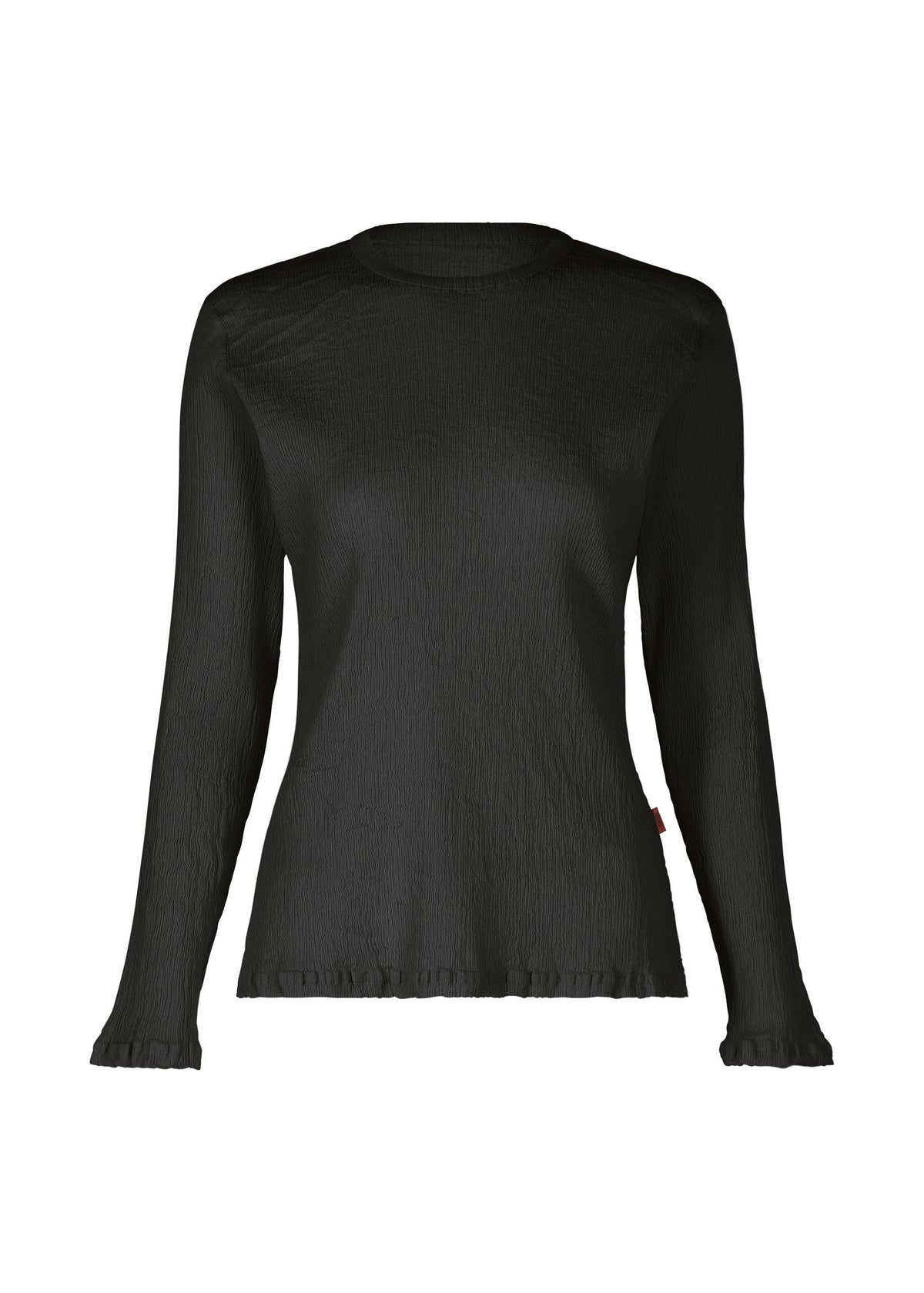 The HaaT KYO CHIJIMI FEBRUARY is a women's long-sleeved black top with a round neck, subtle ruffle cuffs, and a textured finish. Made from ultra-fine cotton, the lightweight fabric is slightly sheer. view 3 of 9