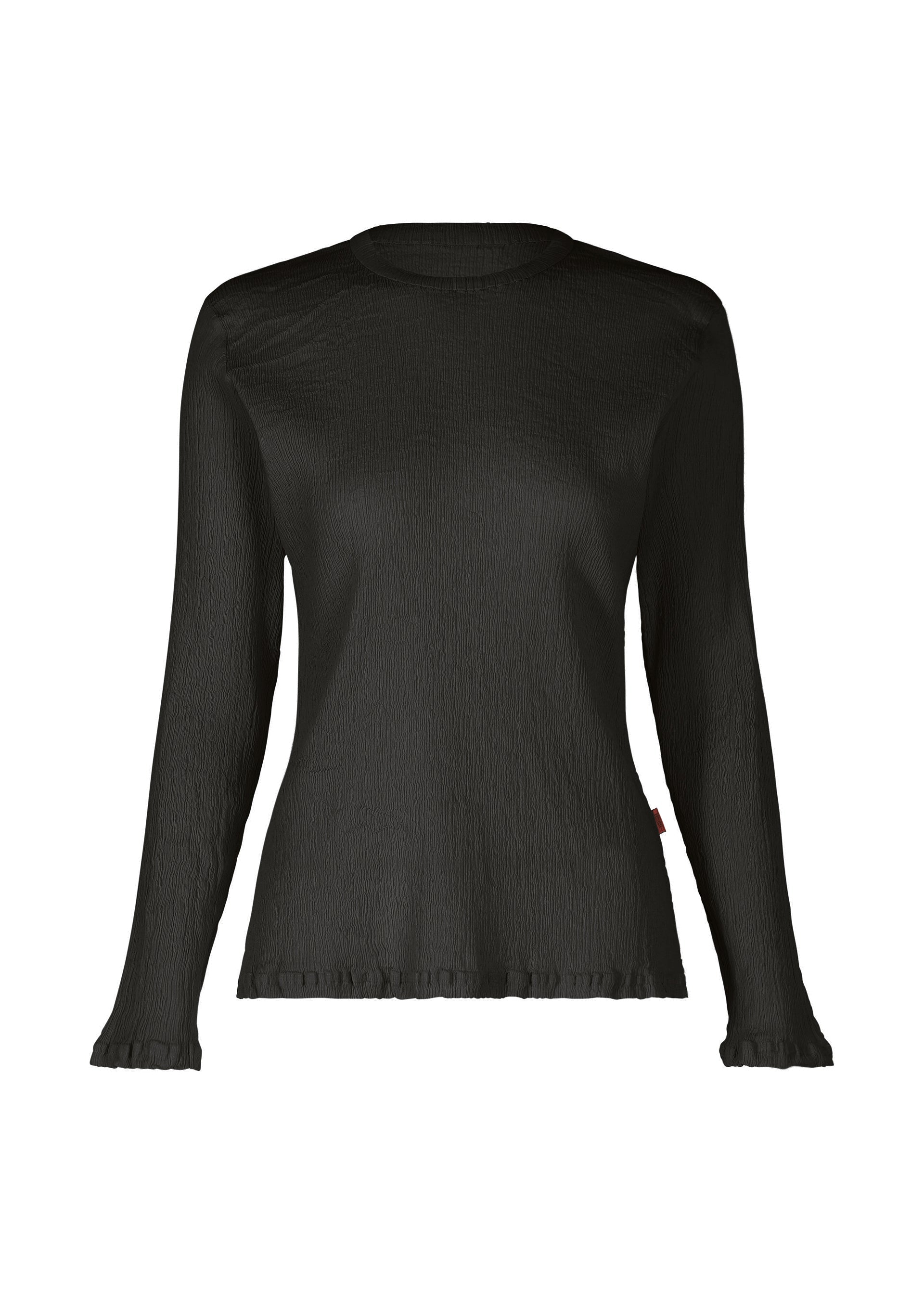 Zoomed view The HaaT KYO CHIJIMI FEBRUARY is a women's long-sleeved black top with a round neck, subtle ruffle cuffs, and a textured finish. Made from ultra-fine cotton, the lightweight fabric is slightly sheer. - DARK BROWN （no.45）