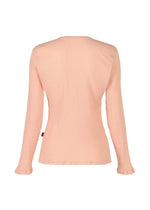 The KYO CHIJIMI FEBRUARY by HaaT is a light pink, long-sleeve women's round-neck top with a fitted design in ultra-fine cotton and subtle ruffle details at the sleeve cuffs and hem, shown from the back.