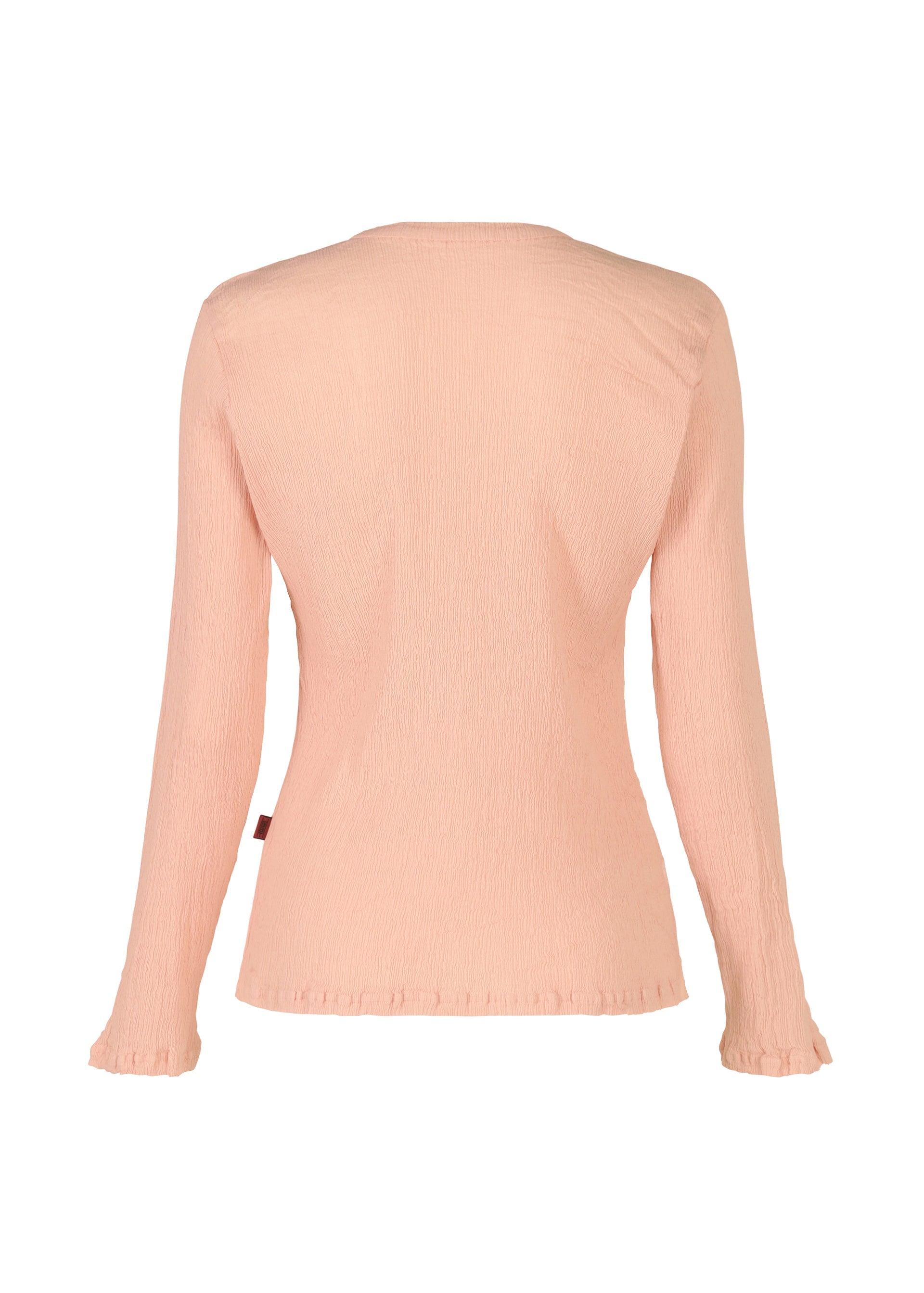 Zoomed view The KYO CHIJIMI FEBRUARY by HaaT is a light pink, long-sleeve women's round-neck top with a fitted design in ultra-fine cotton and subtle ruffle details at the sleeve cuffs and hem, shown from the back.
