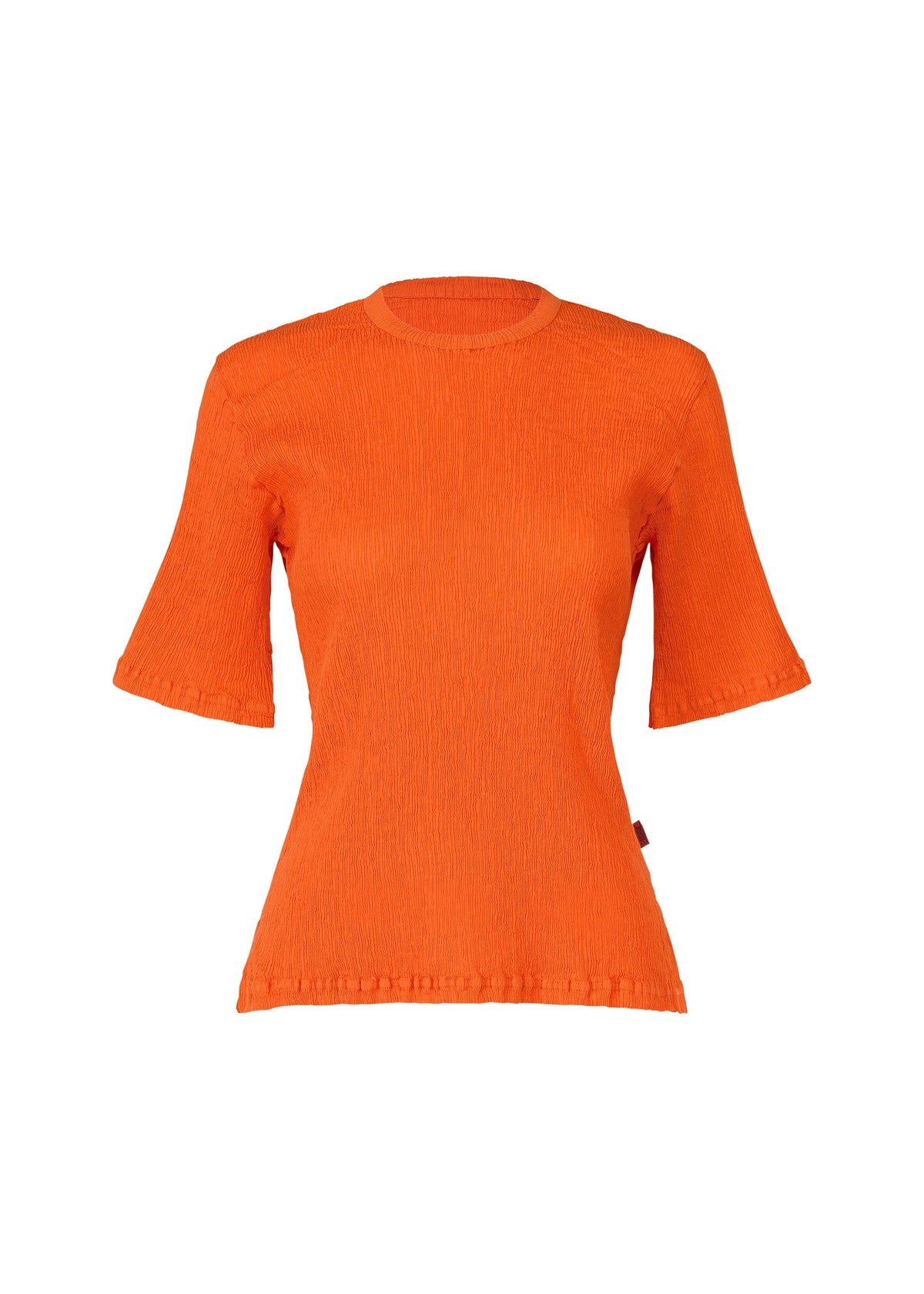 The HaaT KYO CHIJIMI MAY is a women’s bright orange, short-sleeved round-neck top in ultra-fine cotton with signature textured fabric, shown against a plain white background. view 1 of 8