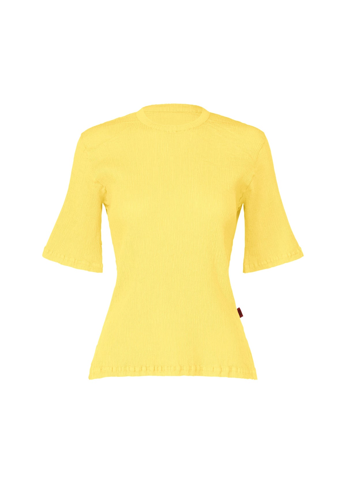 The HaaT KYO CHIJIMI MAY women’s top is plain yellow with a round neck and slightly flared sleeves, crafted from ultra-fine cotton and shown against a white background. view 2 of 8