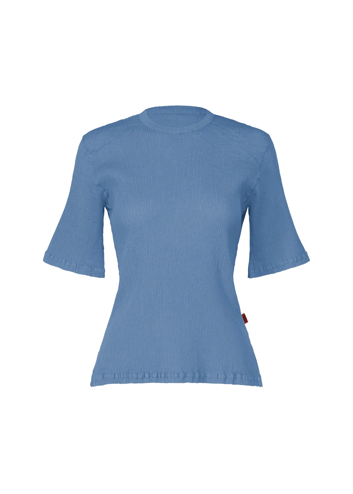 The HaaT KYO CHIJIMI MAY is a light blue women’s round-neck top made from ultra-fine cotton, featuring short sleeves, a fitted shape, and subtle ruffled edges for a charming finish. view 3 of 8