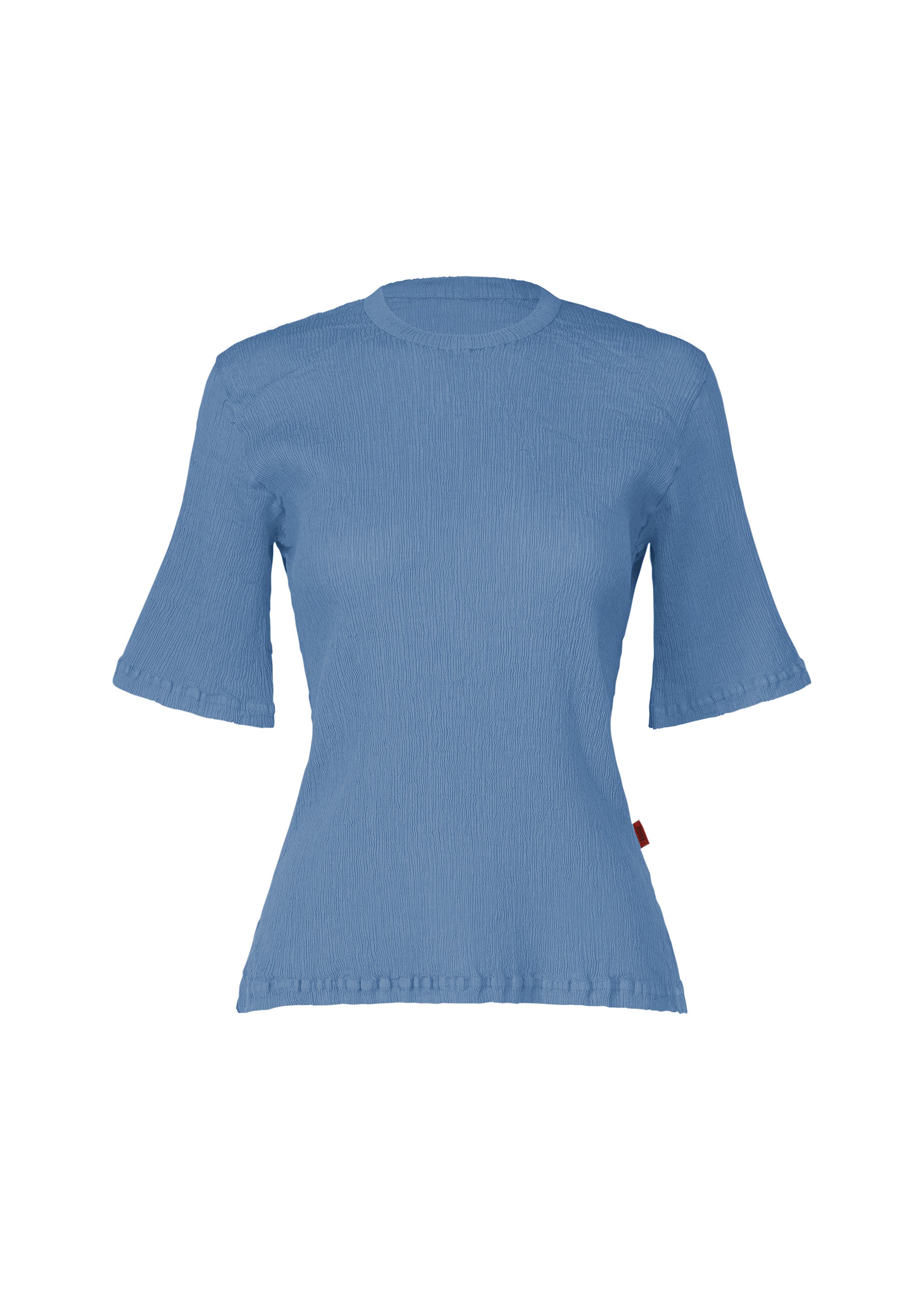 Zoomed view The HaaT KYO CHIJIMI MAY is a light blue women’s round-neck top made from ultra-fine cotton, featuring short sleeves, a fitted shape, and subtle ruffled edges for a charming finish. - BLUE （no.72）