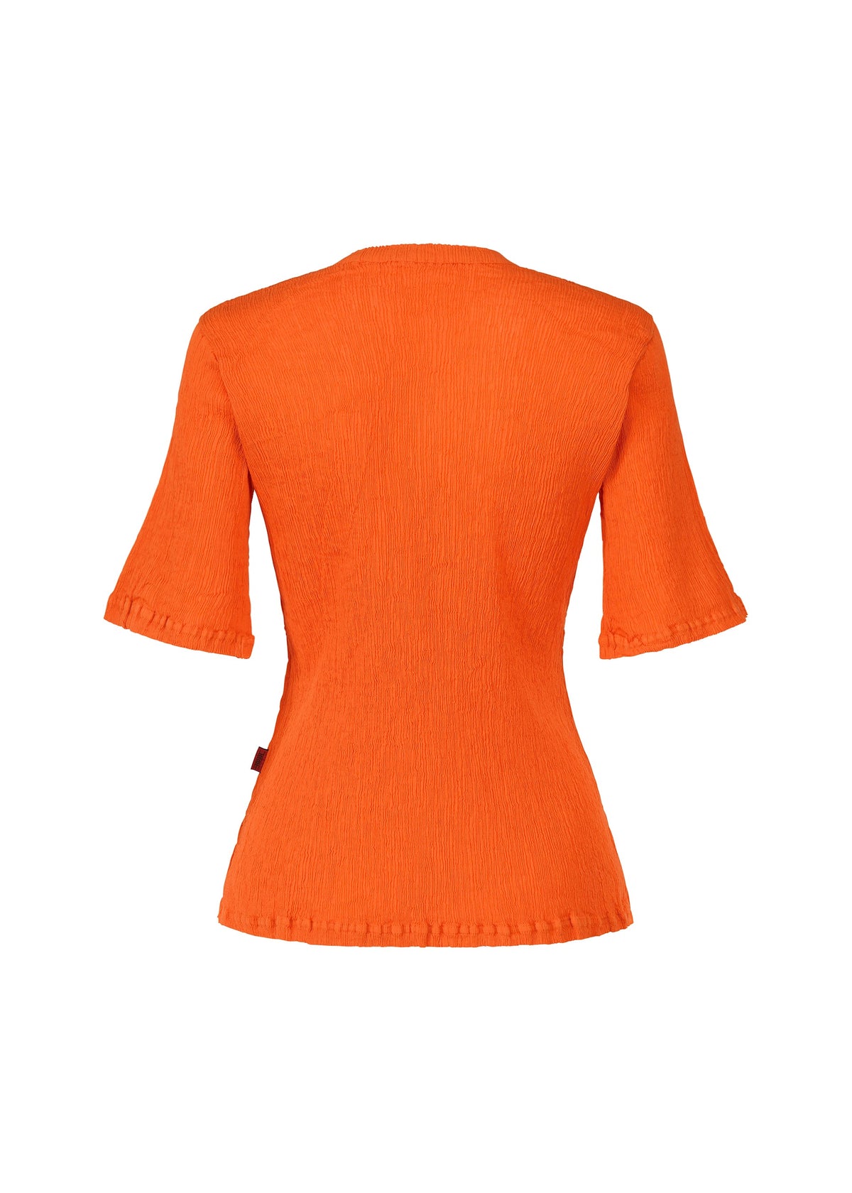 Back view of the HaaT KYO CHIJIMI MAY top in bright orange, featuring short sleeves, a round neck, ultra-fine textured cotton fabric, and a fitted silhouette, shown against a plain white background. view 4 of 8