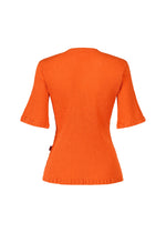 Back view of the HaaT KYO CHIJIMI MAY top in bright orange, featuring short sleeves, a round neck, ultra-fine textured cotton fabric, and a fitted silhouette, shown against a plain white background.