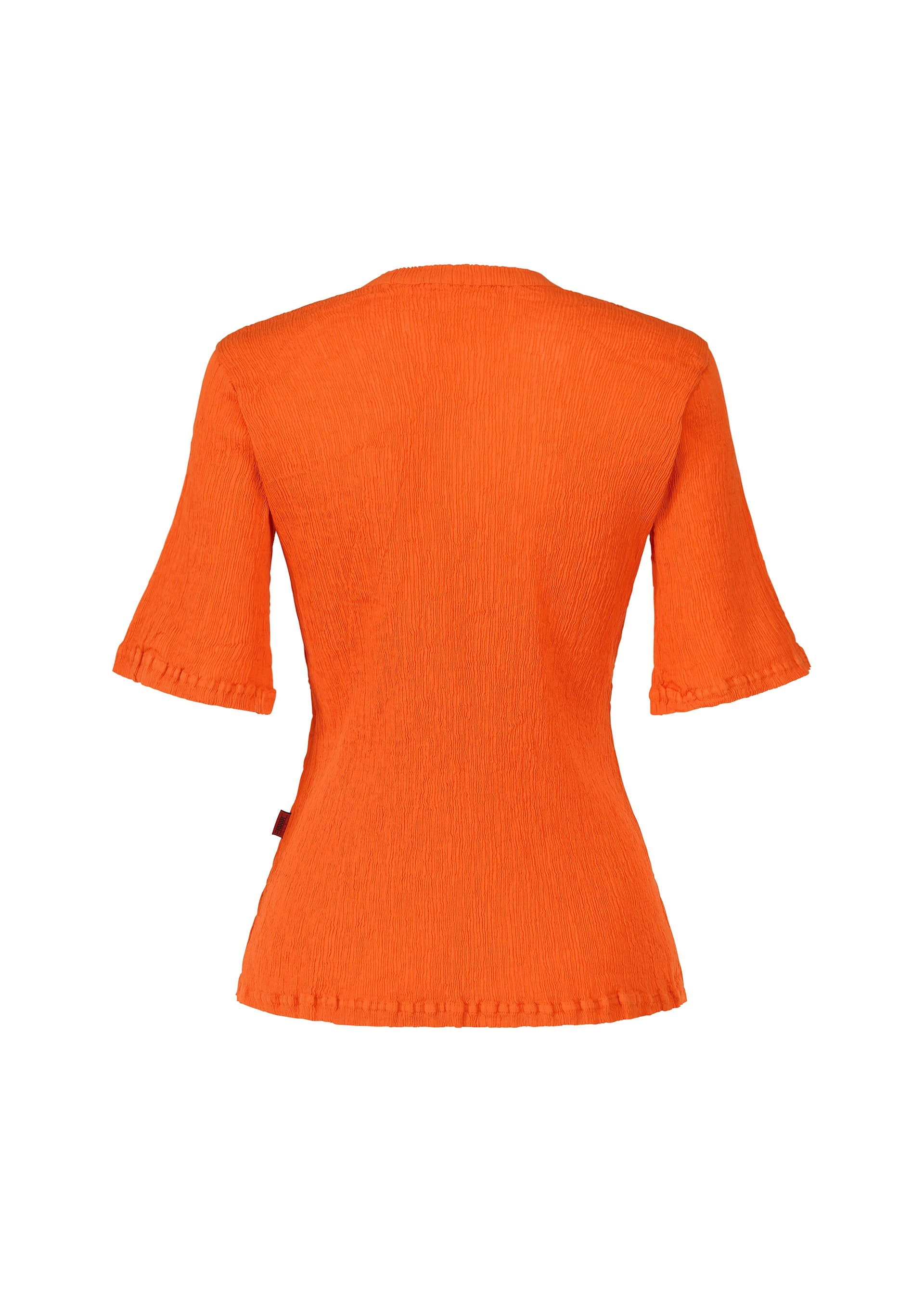 Zoomed view Back view of the HaaT KYO CHIJIMI MAY top in bright orange, featuring short sleeves, a round neck, ultra-fine textured cotton fabric, and a fitted silhouette, shown against a plain white background.