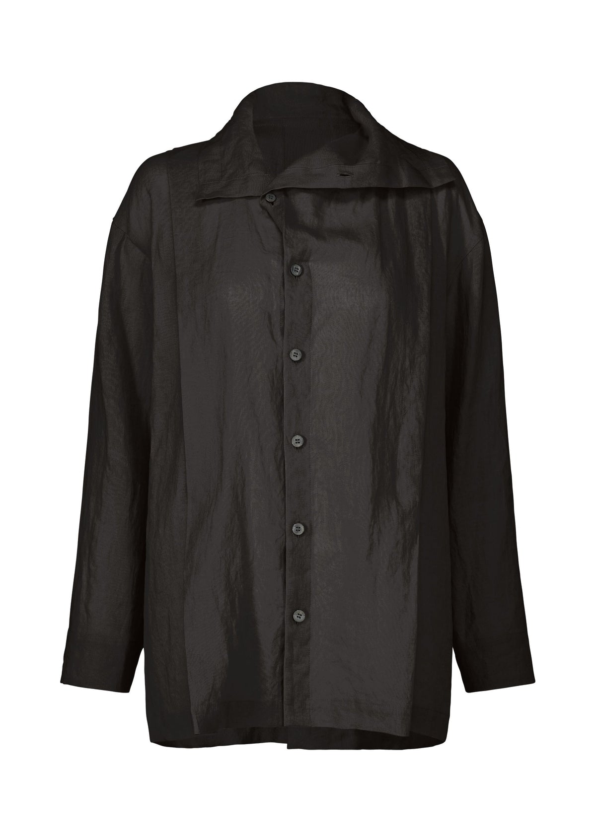 The HaaT JIKI is a sheer black women's blouse with breathable fabric, a relaxed fit, wide collar, and long sleeves, elegantly displayed against a plain white background. view 1 of 8