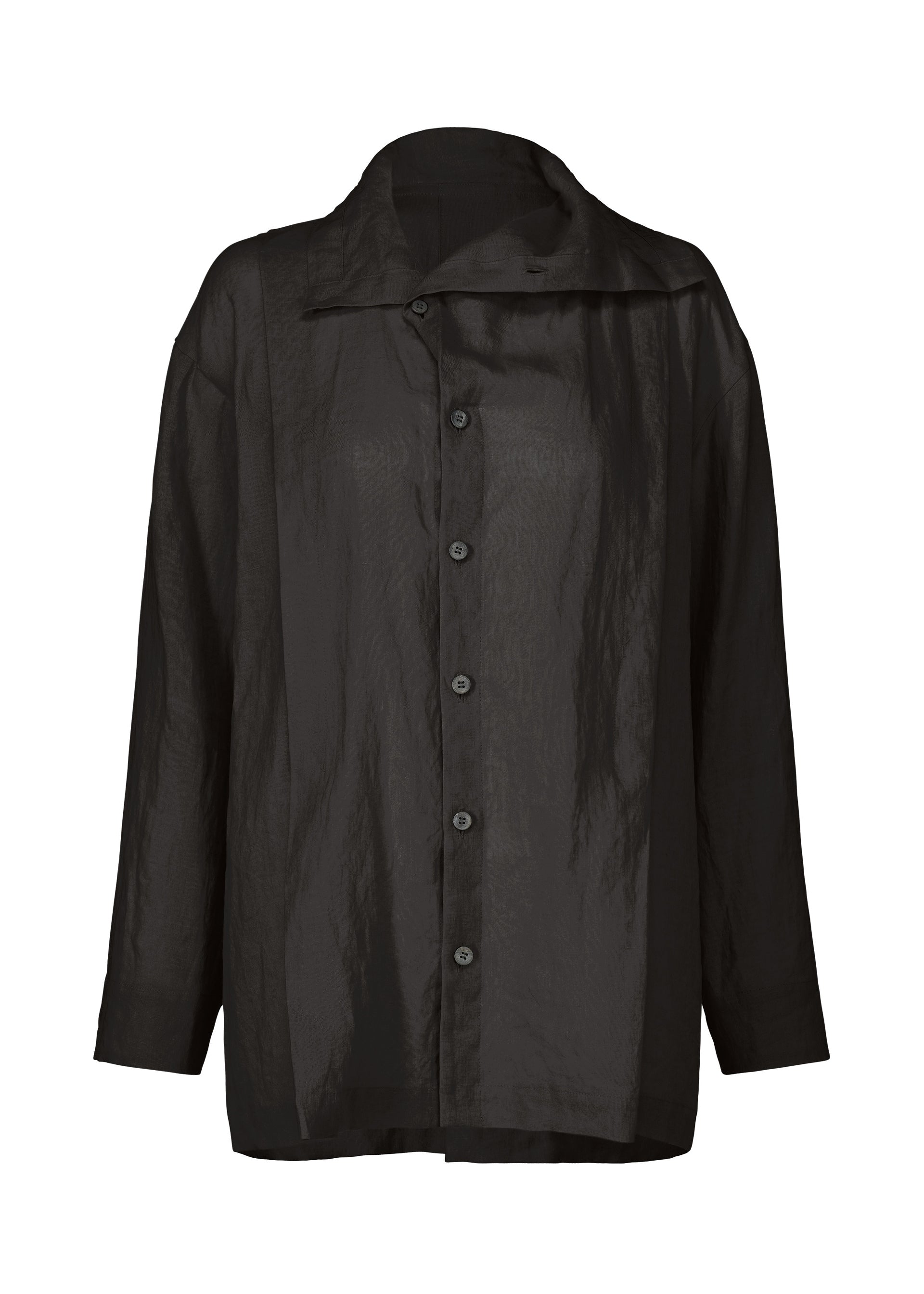Zoomed view The HaaT JIKI is a sheer black women's blouse with breathable fabric, a relaxed fit, wide collar, and long sleeves, elegantly displayed against a plain white background. - BLACK (no.15)