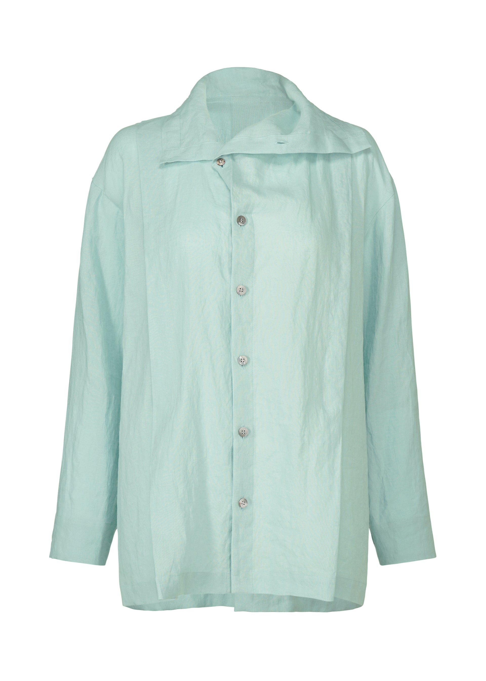 Zoomed view The JIKI shirt by HaaT is a light blue French linen women’s blouse with long sleeves, a wide collar, and relaxed fit. Displayed on a white background, its lightweight textured fabric is stylish and breathable. - LIGHT BLUE (no.70)