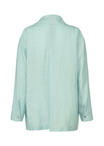 The JIKI shirt by HaaT is a light blue French linen long-sleeve with a relaxed fit, straight collar, and buttoned cuffs. Its lightweight, slightly textured fabric offers effortless style and comfort. Shown from the back.