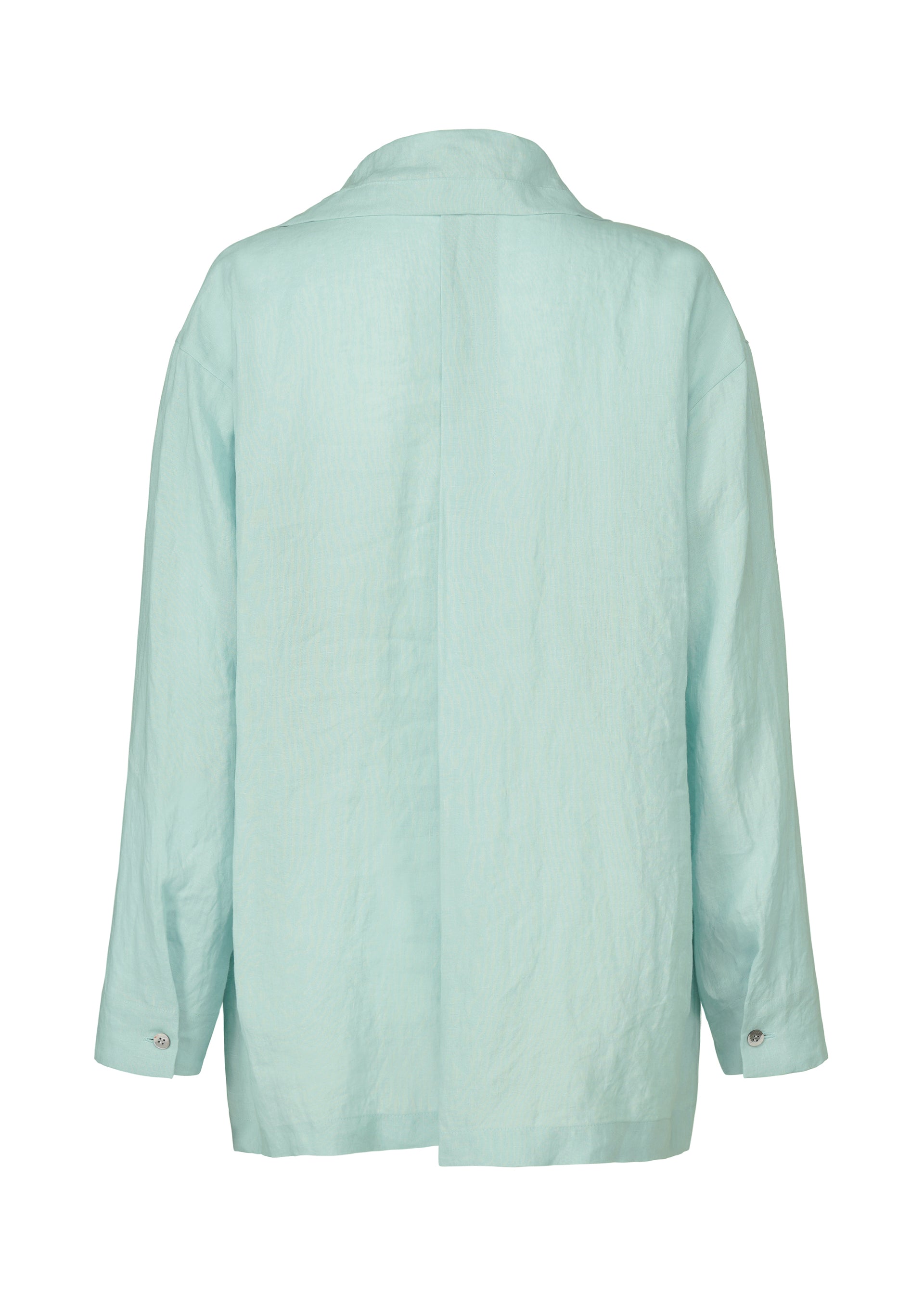 Zoomed view The JIKI shirt by HaaT is a light blue French linen long-sleeve with a relaxed fit, straight collar, and buttoned cuffs. Its lightweight, slightly textured fabric offers effortless style and comfort. Shown from the back.