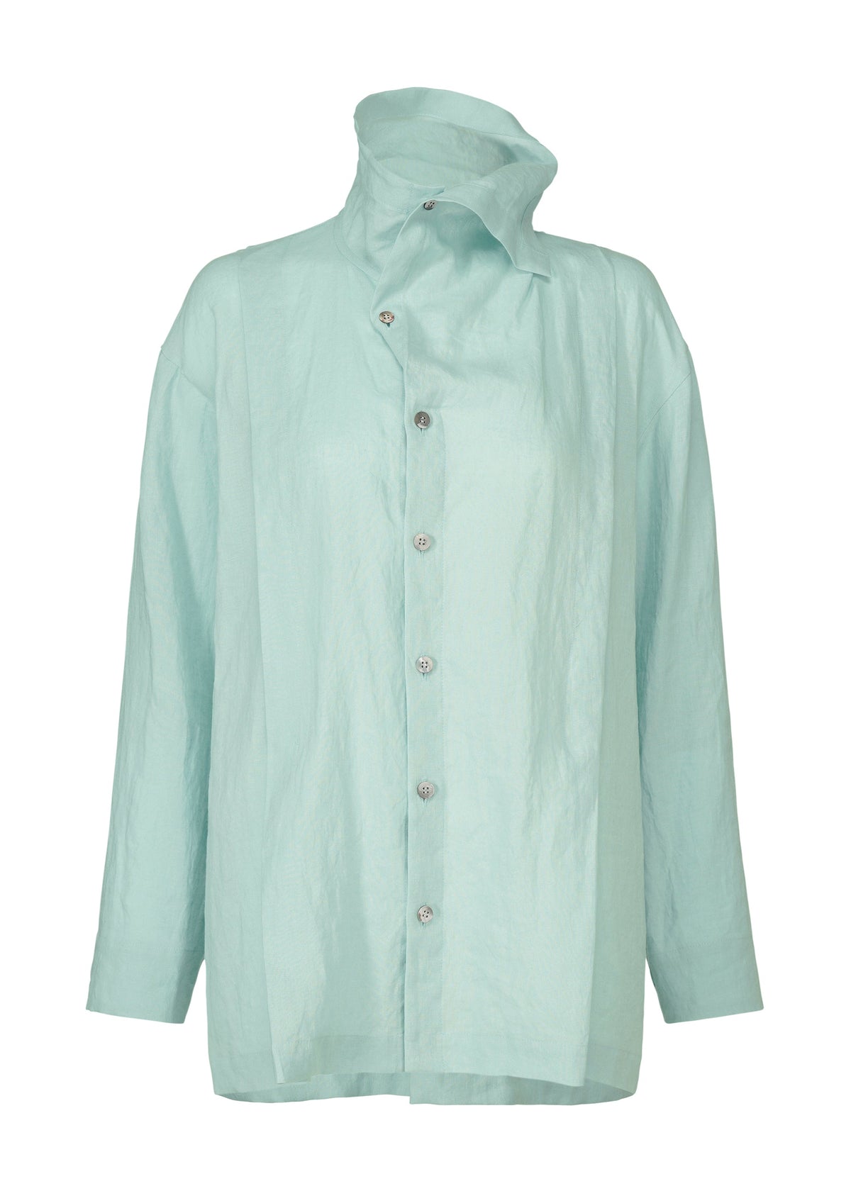 The HaaT JIKI is a light blue French linen women’s blouse featuring long sleeves, an asymmetrical high collar, and a relaxed fit. Its lightweight, breathable, slightly crinkled fabric creates effortless elegance. view 4 of 8