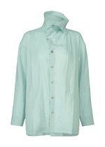 The HaaT JIKI is a light blue French linen women’s blouse featuring long sleeves, an asymmetrical high collar, and a relaxed fit. Its lightweight, breathable, slightly crinkled fabric creates effortless elegance.