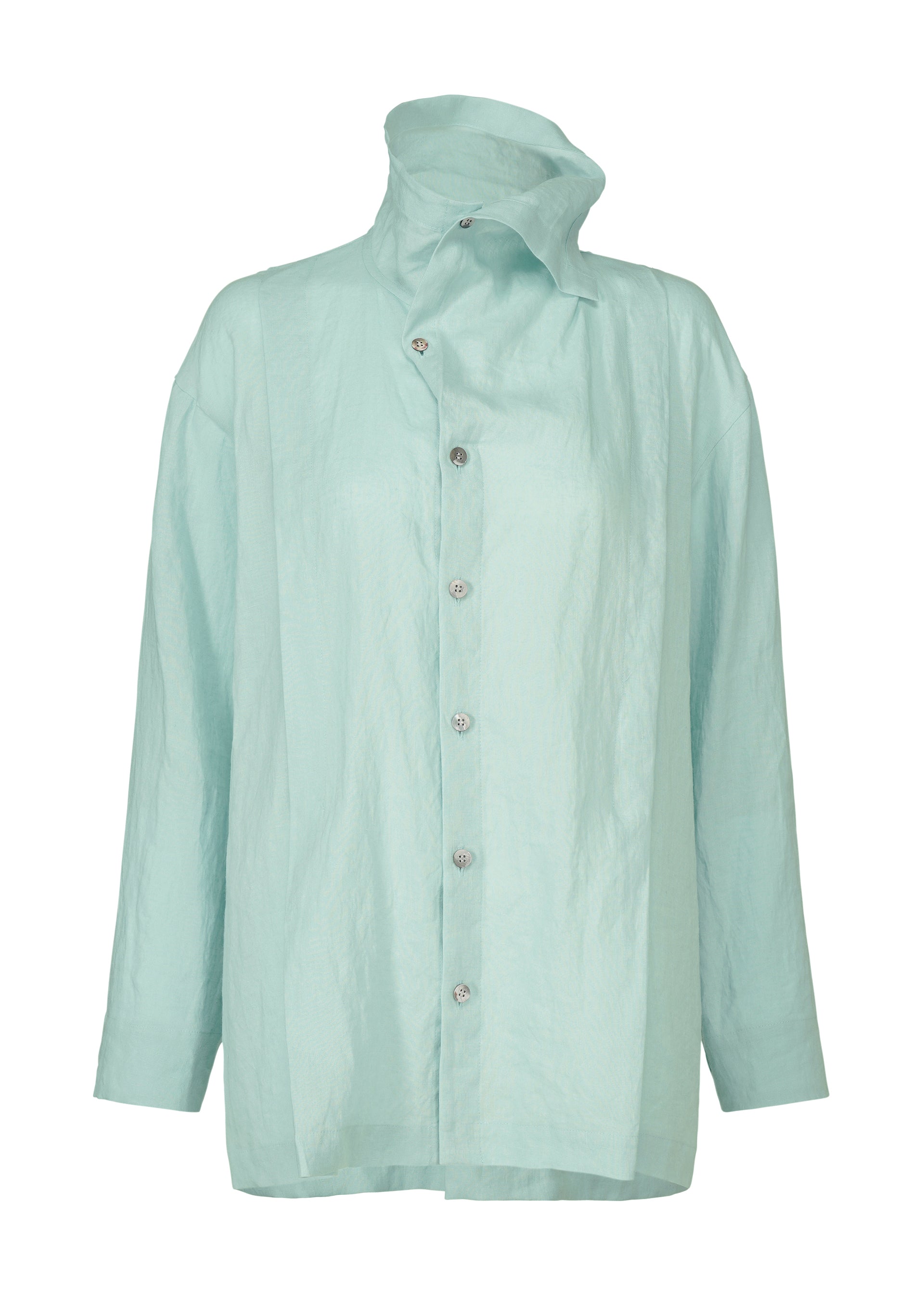 Zoomed view The HaaT JIKI is a light blue French linen women’s blouse featuring long sleeves, an asymmetrical high collar, and a relaxed fit. Its lightweight, breathable, slightly crinkled fabric creates effortless elegance.