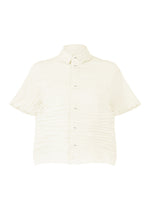The HaaT SHIBARI SHIRT is a short-sleeved, button-up shirt made from recycled polyester with a subtle Shibari finish and classic collar, shown on a plain white background. - WHITE （no.01）