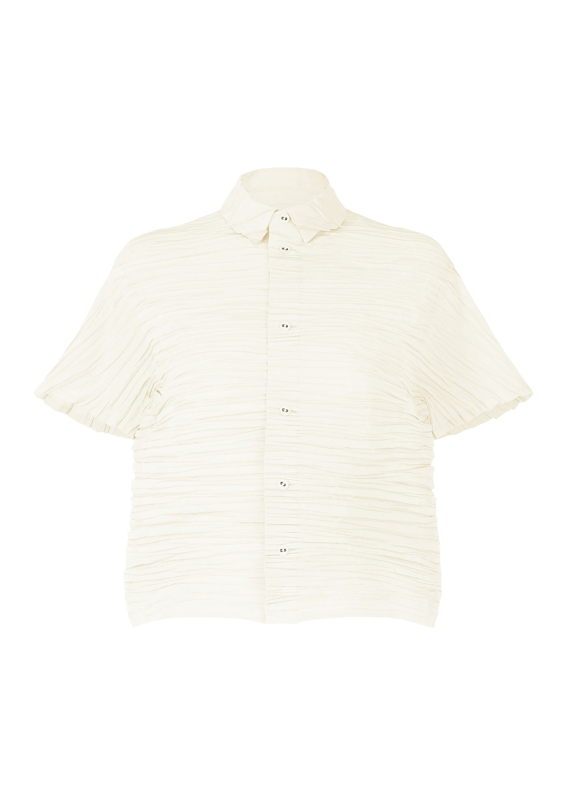 Zoomed view The HaaT SHIBARI SHIRT is a short-sleeved, button-up shirt made from recycled polyester with a subtle Shibari finish and classic collar, shown on a plain white background. - WHITE （no.01）