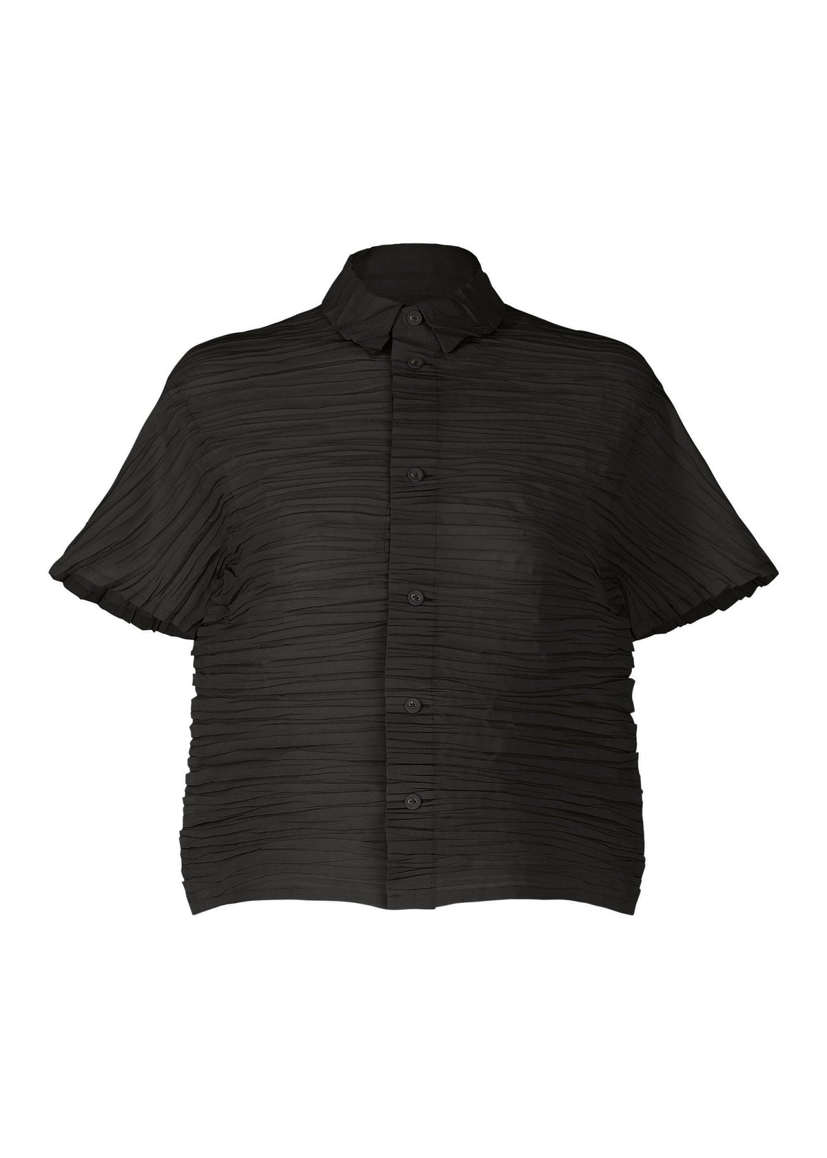 The SHIBARI SHIRT by HaaT is a short-sleeved black button-up with a collar, made from recycled polyester and featuring a textured pleated fabric design. view 2 of 10