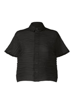 The SHIBARI SHIRT by HaaT is a short-sleeved black button-up with a collar, made from recycled polyester and featuring a textured pleated fabric design. - BLACK （no.15）