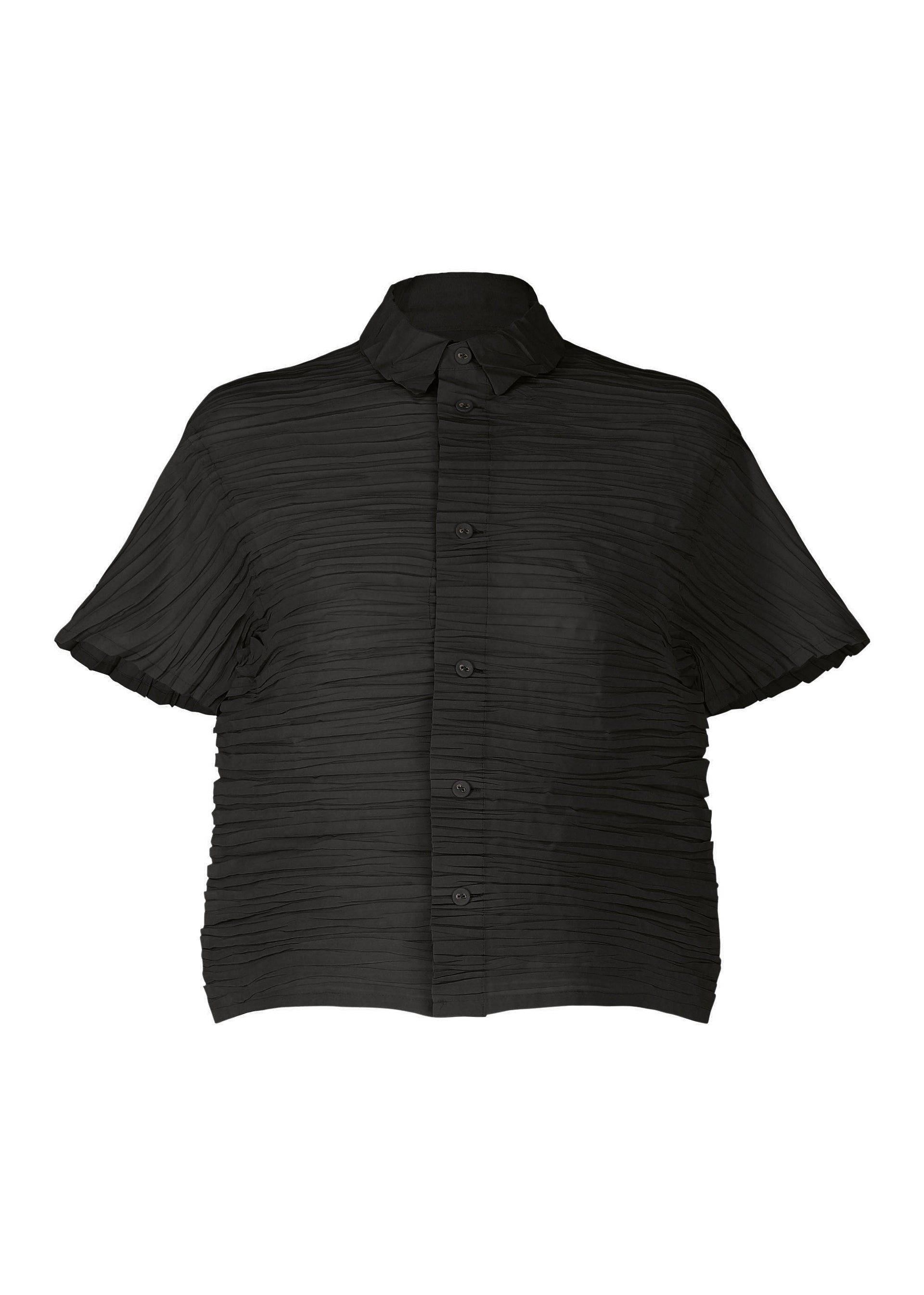 Zoomed view The SHIBARI SHIRT by HaaT is a short-sleeved black button-up with a collar, made from recycled polyester and featuring a textured pleated fabric design. - BLACK （no.15）