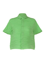 The SHIBARI SHIRT by HaaT is a light green, short-sleeved button-up with a pleated texture and classic collar, made from recycled polyester and shown against a white background. - LIGHT GREEN （no.60）