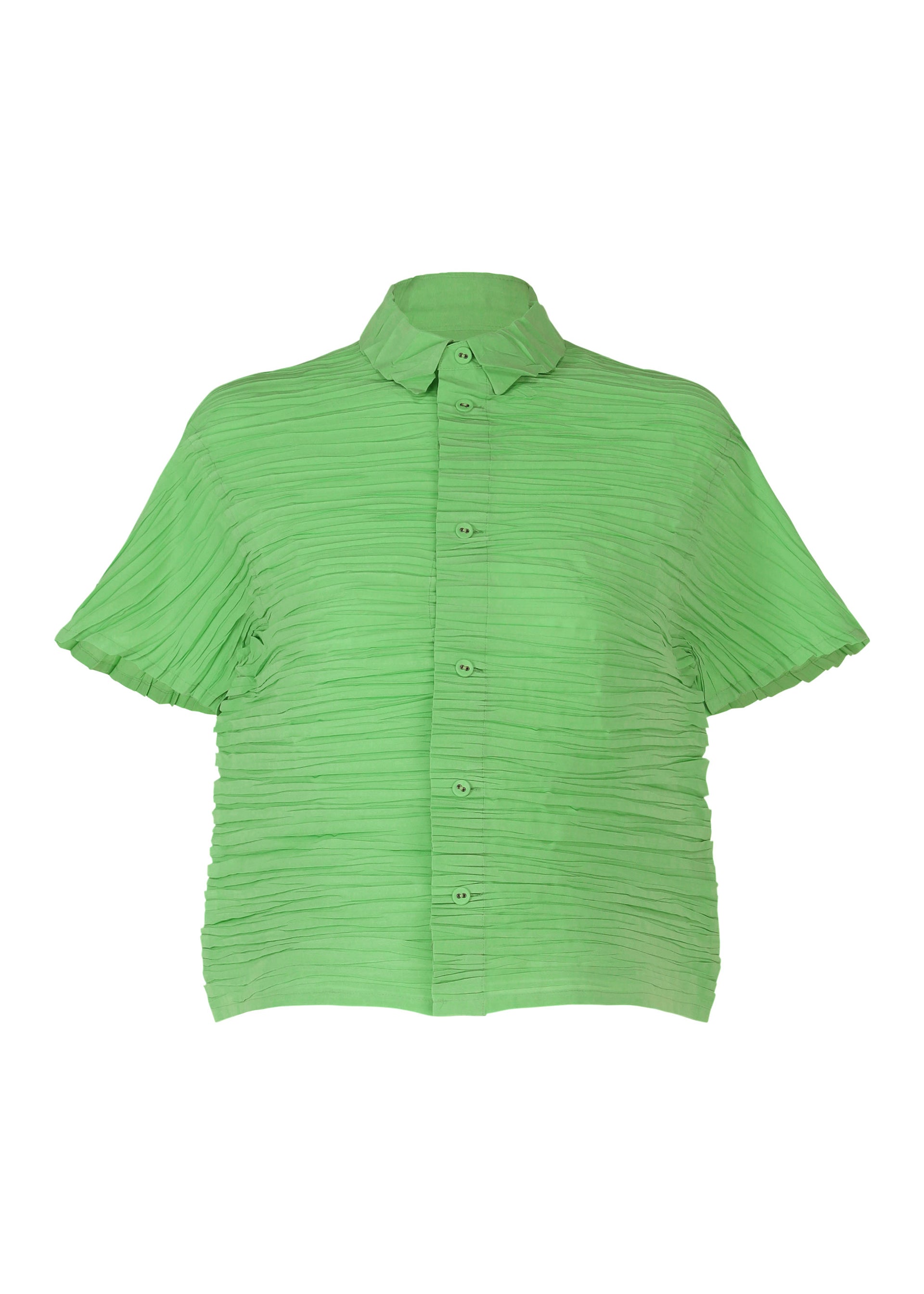 Zoomed view The SHIBARI SHIRT by HaaT is a light green, short-sleeved button-up with a pleated texture and classic collar, made from recycled polyester and shown against a white background. - LIGHT GREEN （no.60）
