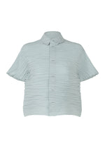 The SHIBARI SHIRT by HaaT is a light blue, short-sleeved, collared shirt with textured horizontal pleats. Made from recycled polyester, it features a distinctive Shibari finish. - PALE BLUE （no.71）