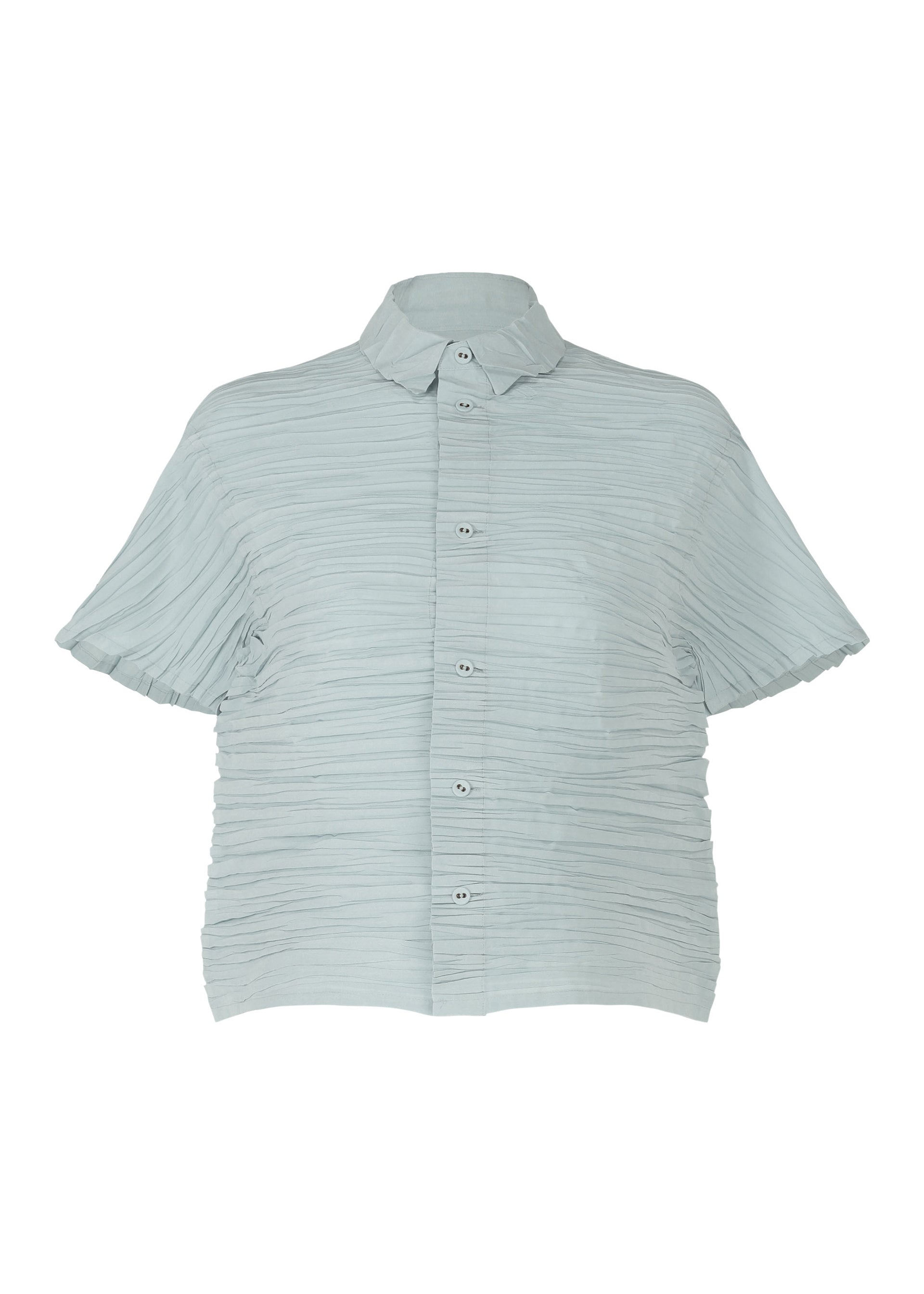 Zoomed view The SHIBARI SHIRT by HaaT is a light blue, short-sleeved, collared shirt with textured horizontal pleats. Made from recycled polyester, it features a distinctive Shibari finish. - PALE BLUE （no.71）