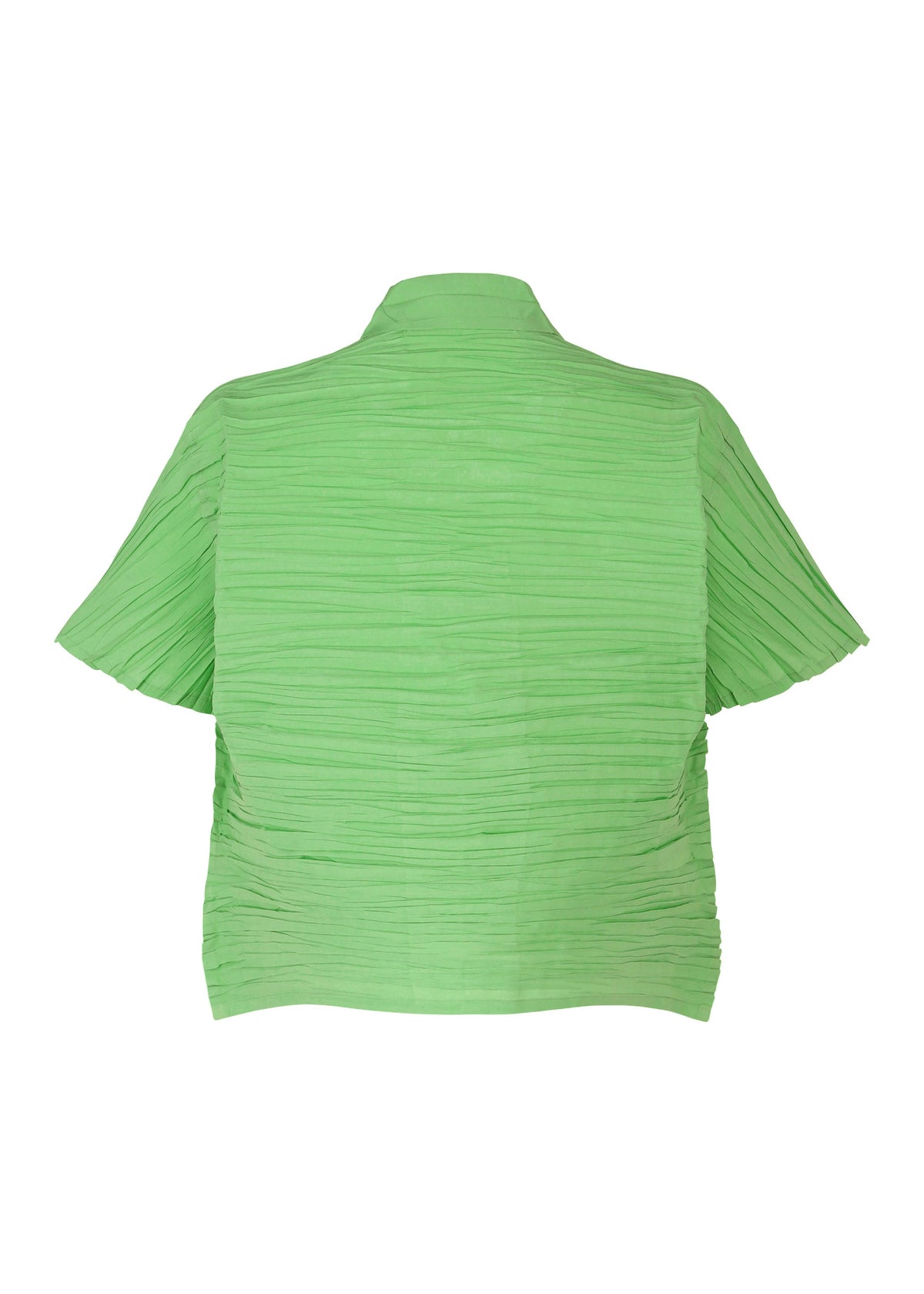 The SHIBARI SHIRT by HaaT is a short-sleeved, light green blouse with a high neckline and pleated, textured recycled polyester fabric featuring a Shibari finish, shown from the back. view 5 of 10