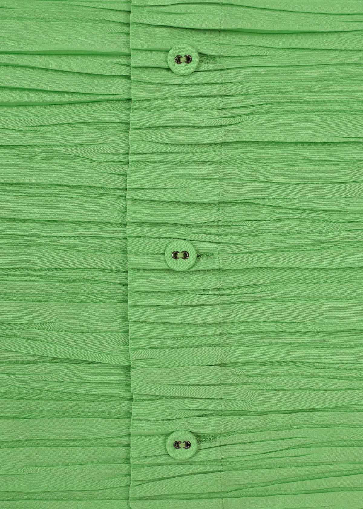 Close-up of the SHIBARI SHIRT by HaaT—bright green, short-sleeved, with horizontal pleats and a row of green buttons down the center, crafted from recycled polyester. view 6 of 10