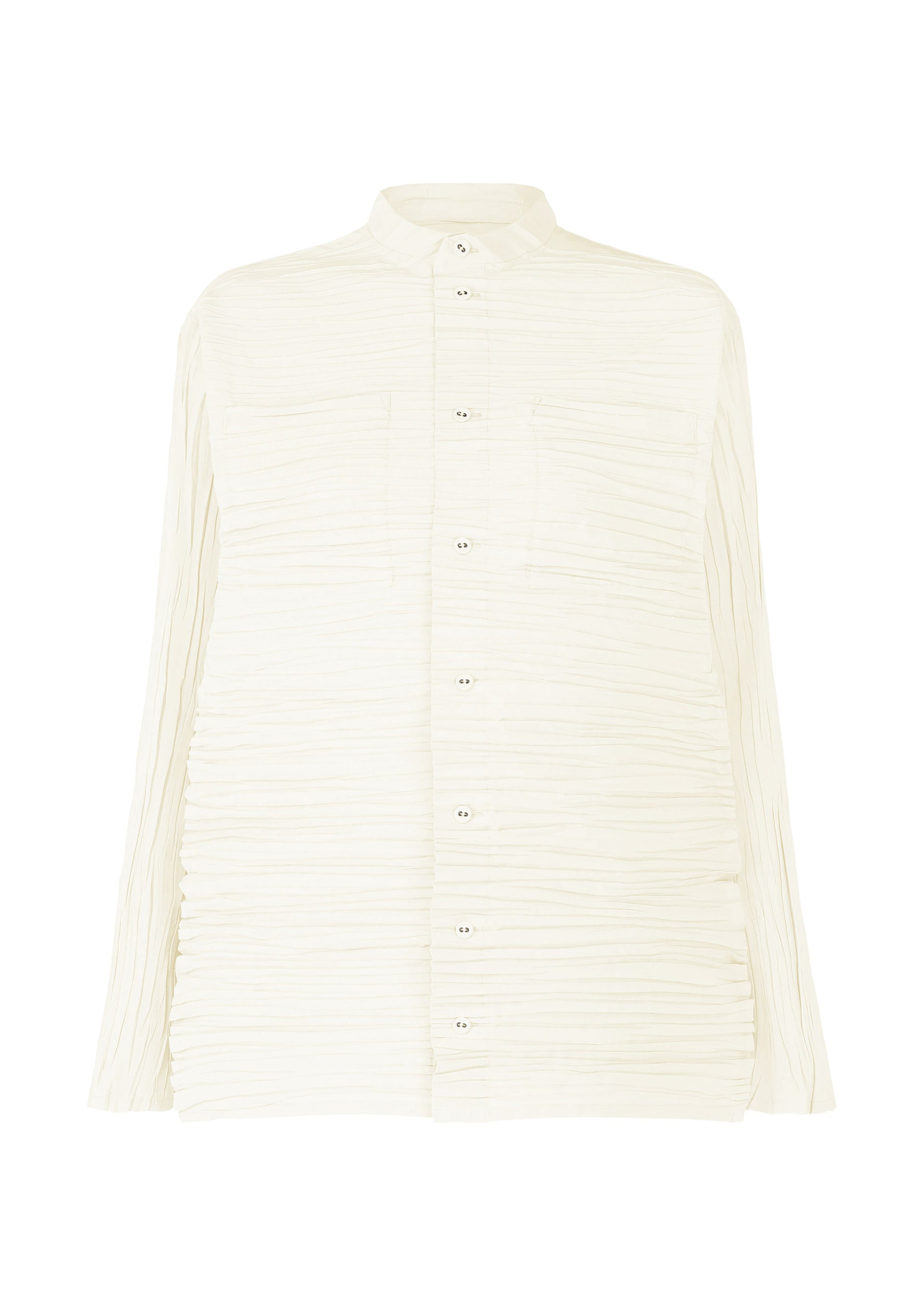 Zoomed view The SHIBARI SHIRT by HaaT is a cream-colored, long-sleeved shirt made from recycled polyester with a subtle pleated texture, a collar, and two chest pockets. - WHITE （no.01）