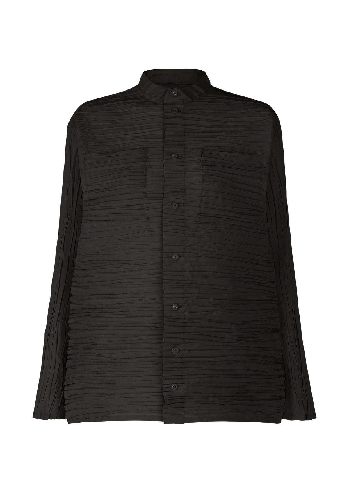 The HaaT SHIBARI SHIRT is a black long-sleeved shirt crafted from recycled polyester, with a pleated Shibari texture and two chest pockets, displayed against a white background. view 2 of 10