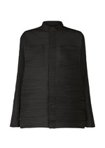 The HaaT SHIBARI SHIRT is a black long-sleeved shirt crafted from recycled polyester, with a pleated Shibari texture and two chest pockets, displayed against a white background. - BLACK （no.15）