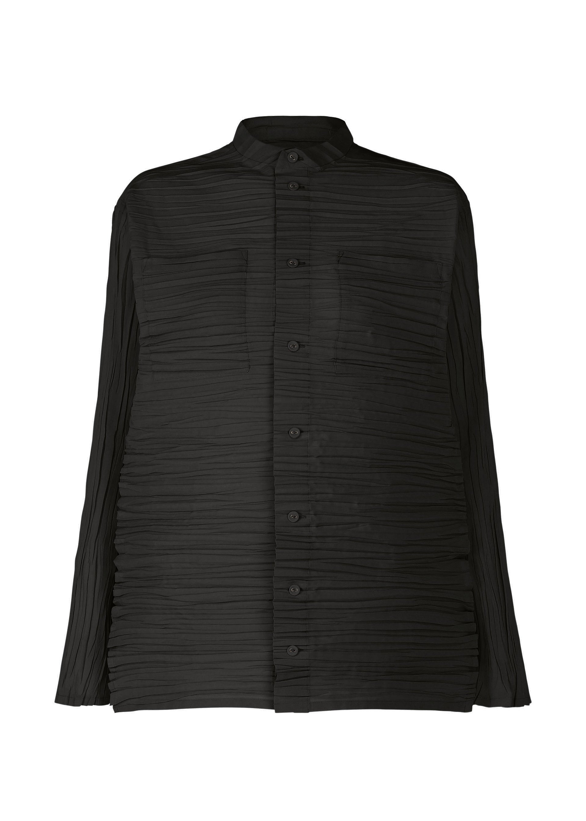 Zoomed view The HaaT SHIBARI SHIRT is a black long-sleeved shirt crafted from recycled polyester, with a pleated Shibari texture and two chest pockets, displayed against a white background. - BLACK （no.15）