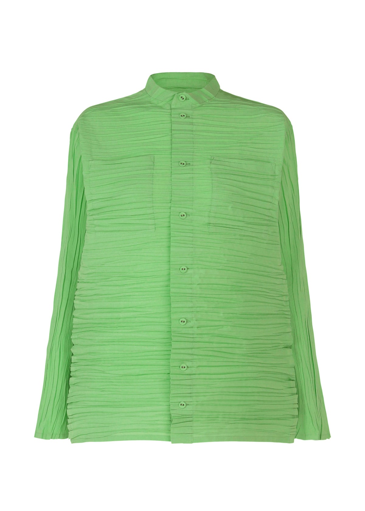 The SHIBARI SHIRT by HaaT is a bright green, long-sleeved shirt with textured pleated fabric, Shibari finish, two chest pockets, pointed collar, relaxed fit, and is made from recycled polyester. view 3 of 10