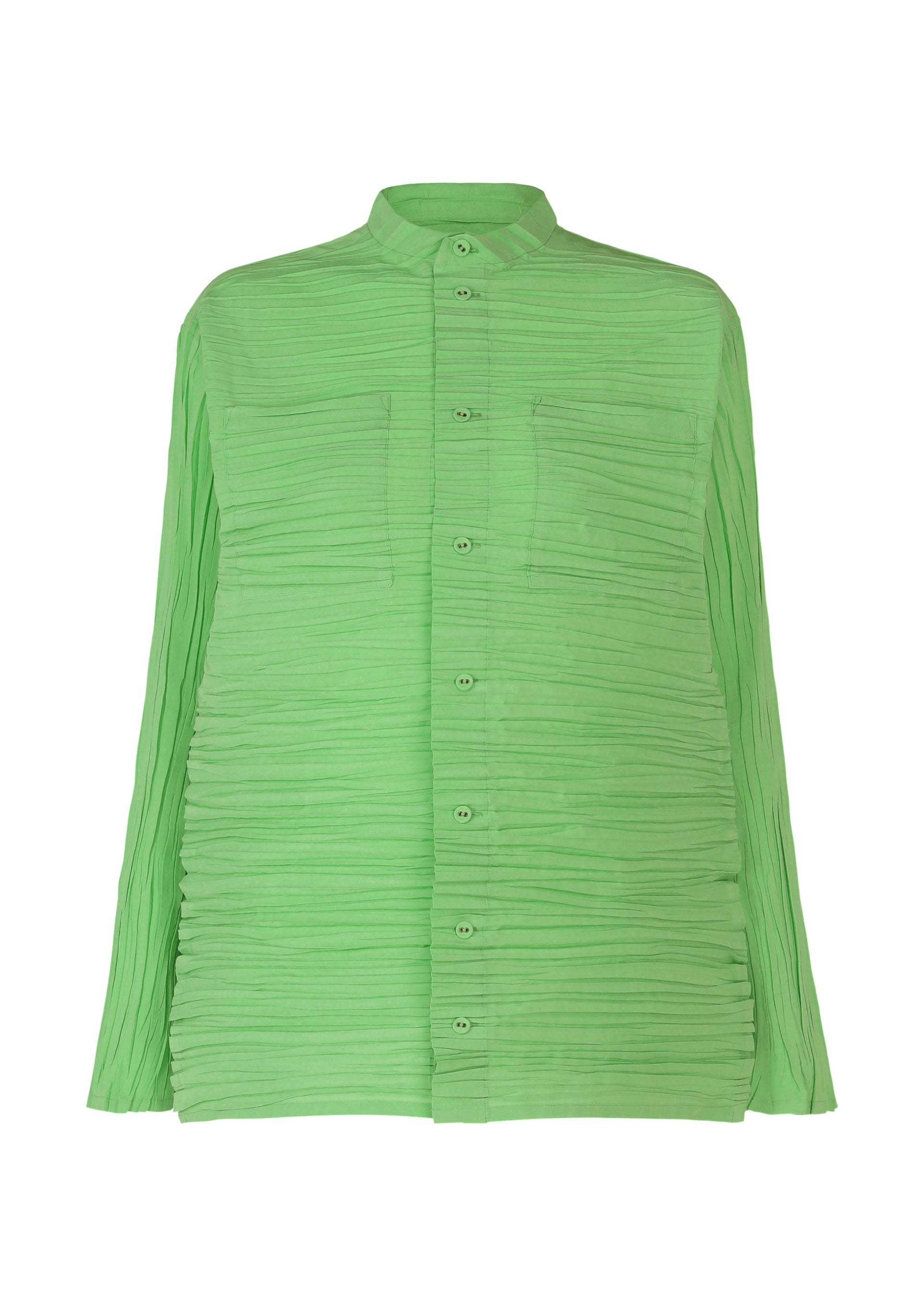 Zoomed view The SHIBARI SHIRT by HaaT is a bright green, long-sleeved shirt with textured pleated fabric, Shibari finish, two chest pockets, pointed collar, relaxed fit, and is made from recycled polyester. - LIGHT GREEN （no.60）