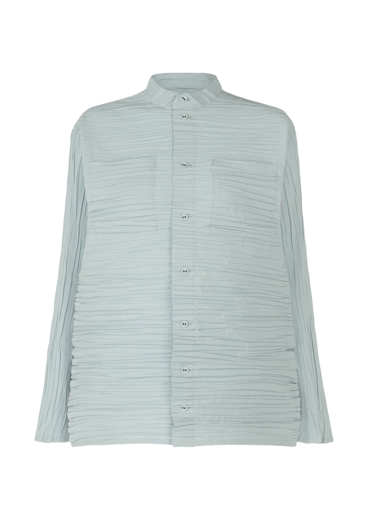 The SHIBARI SHIRT by HaaT is light blue with long sleeves, a mandarin collar, horizontal pleats, and two chest pockets. Made from recycled polyester, it offers a relaxed fit for effortless style. view 4 of 10